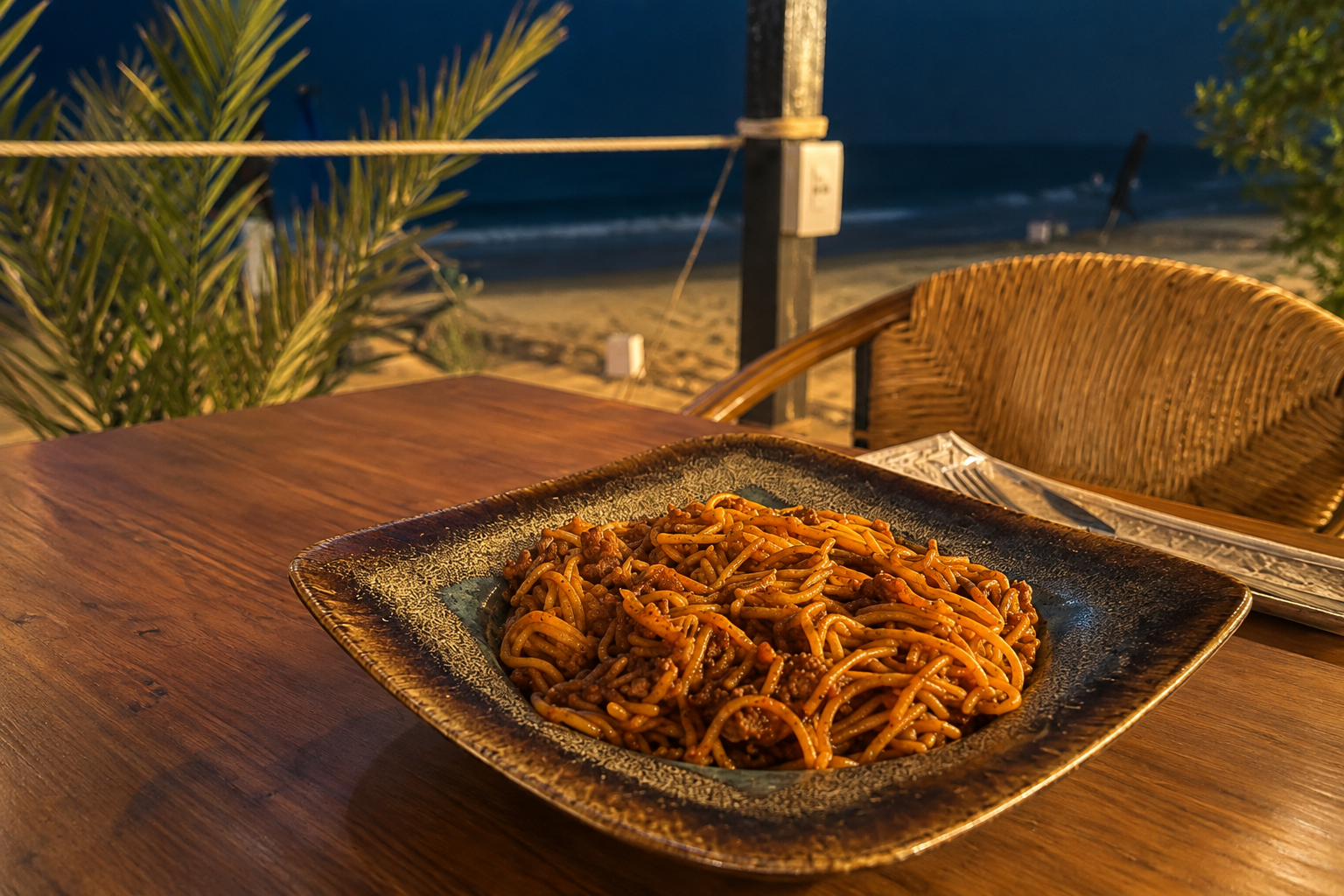 Pasta served at REMAL beside the beach at night