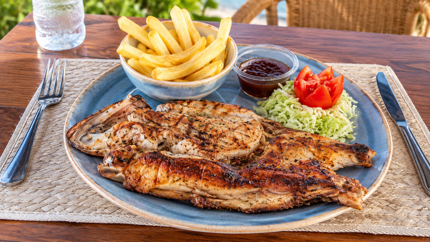 Grilled fish platter with fries by the beach