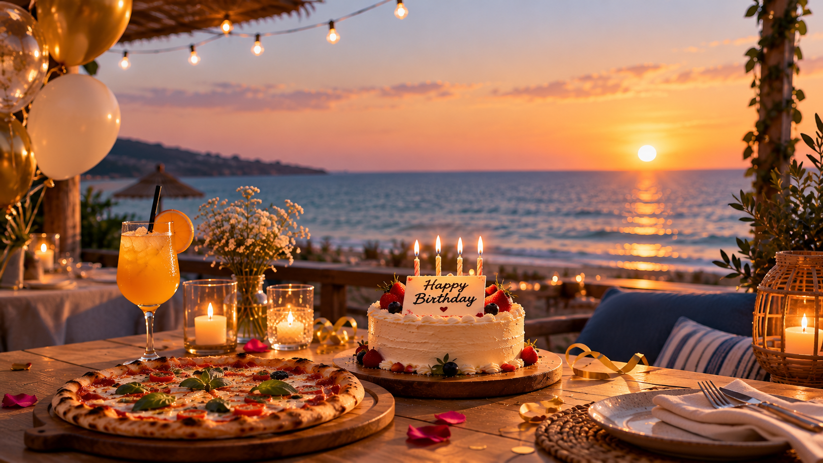 Birthday cake and dinner celebration overlooking the beach at sunset