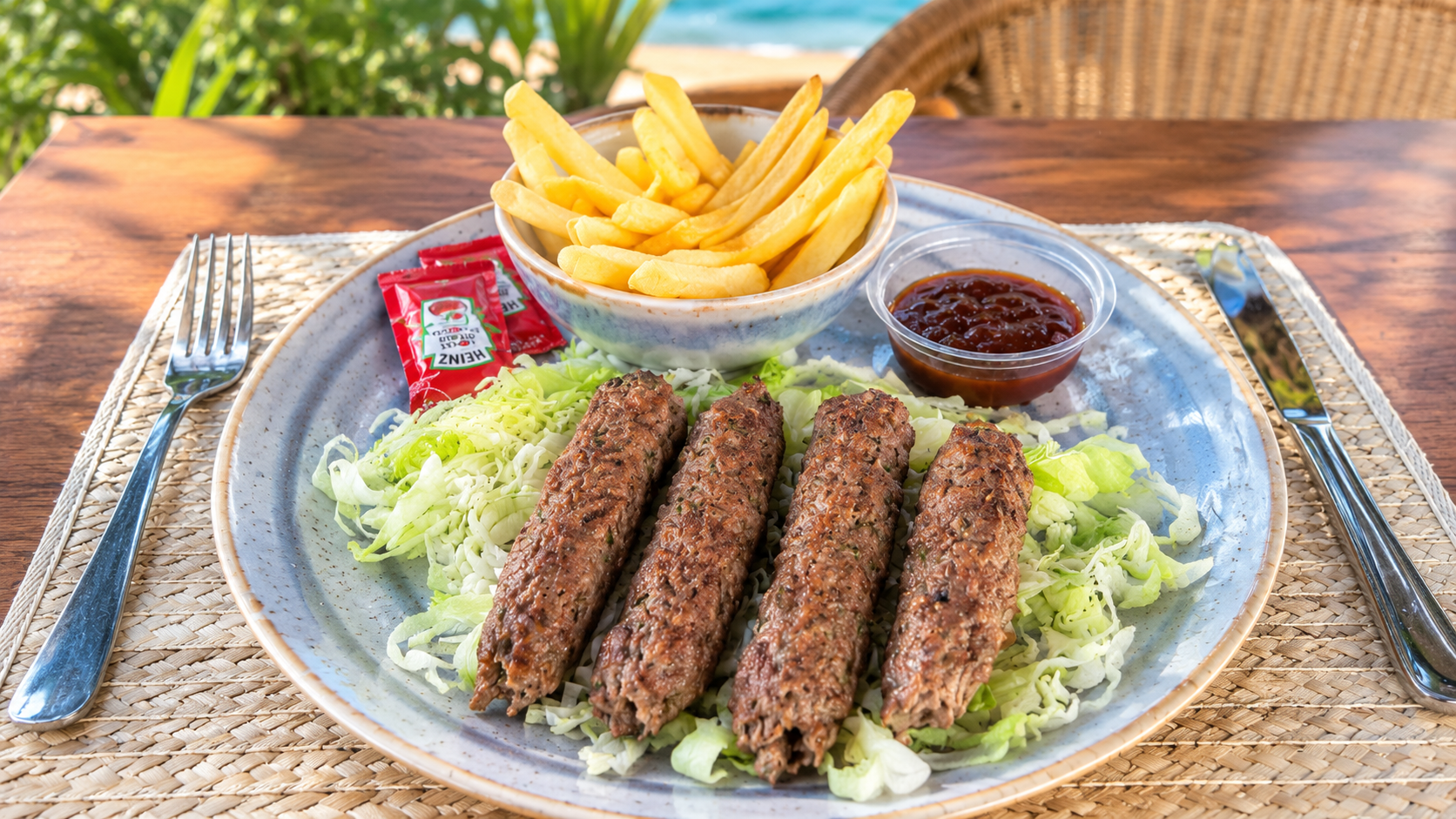 Grilled kofta platter with fries by the beach